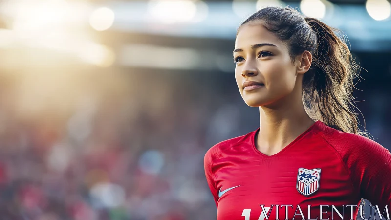 Photorealistic stadium portrait of focused soccer athlete.