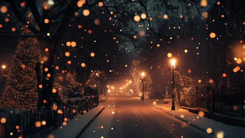 Snowy city street at night with warm holiday lights glow