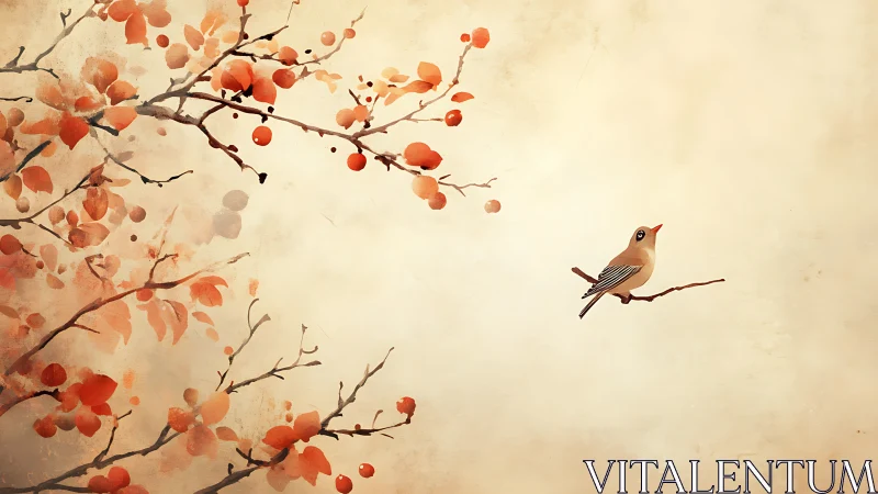 Delicate bird on autumn branch in minimalist watercolor style.