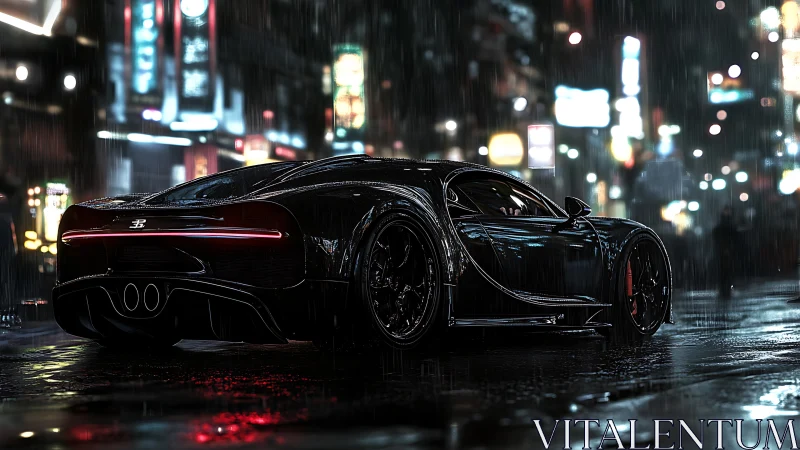 Midnight hypercar poised in neon-soaked urban downpour.