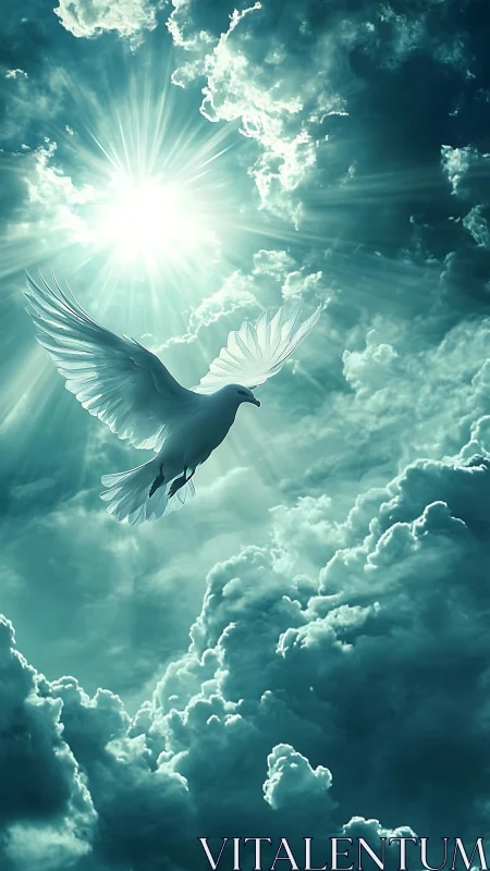 Radiant white dove soars toward sunlight through stormy clouds
