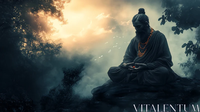 Mystic forest guru in meditative pose under ethereal sunrise.