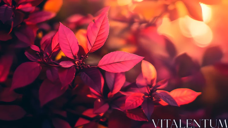 Sunlit crimson leaves in shallow depth of field focus.