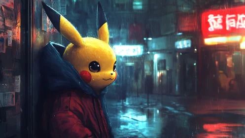 Neon rain urban rodent in hooded jacket, cinematic framing.