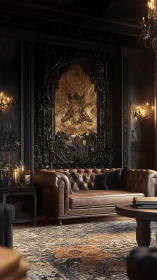 Opulent leather parlor beneath a brooding golden mural.
