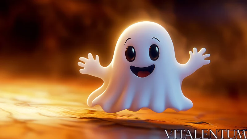 Cute volumetric-rendered cartoon ghost on warm bokeh ground