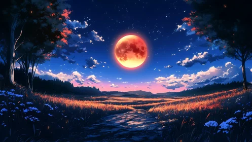 Blood moon drifts above a twilight meadow of quiet embers