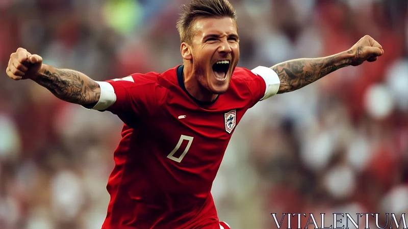 Photorealistic footballer celebrating goal in red home kit