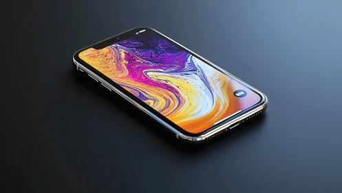 Premium smartphone with vibrant liquid-swirl wallpaper display and polished metallic frame.