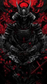Armored shadow samurai under crimson moon with dual katana