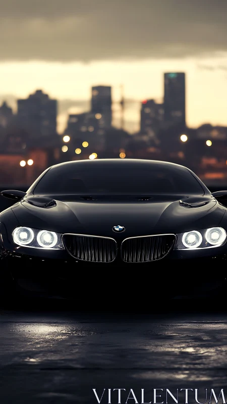 Black BMW sports coupe with headlights on at dusk cityscape.