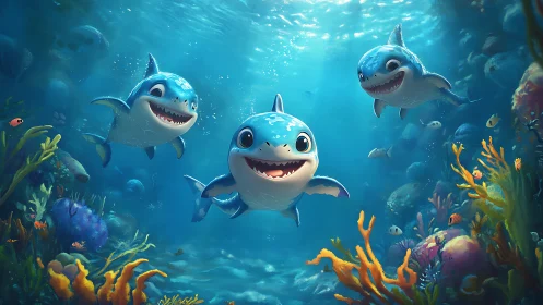 Cute baby sharks swimming through bright coral reef seascape.