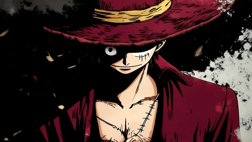 Shadowed pirate captain in crimson hat and coat portrait.