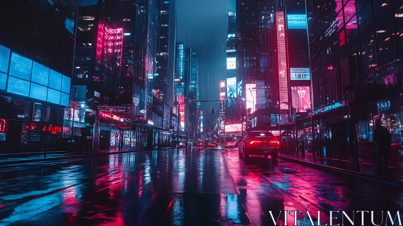 Neon cyberpunk street under rain with reflective night glow.