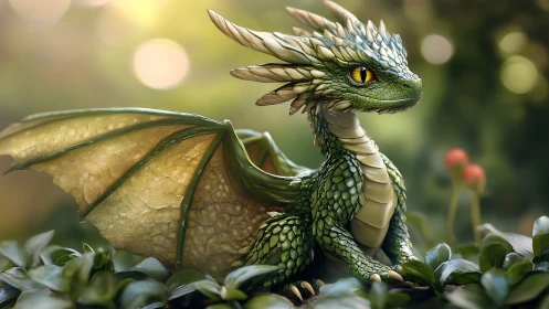 Micro-detailed green hatchling dragon rendered with translucent wing membranes