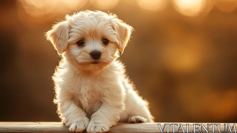 Small fluffy puppy sits on wooden surface in warm light