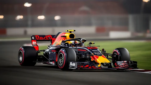 Red Bull Formula 1 car racing under night circuit lights.