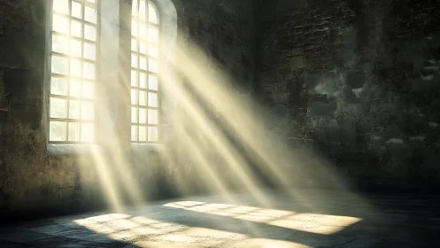 Sunlit dust beams pierce abandoned stone hall interior.