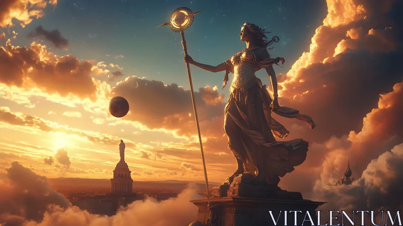 Skyward goddess of dawn guards a drifting celestial city.