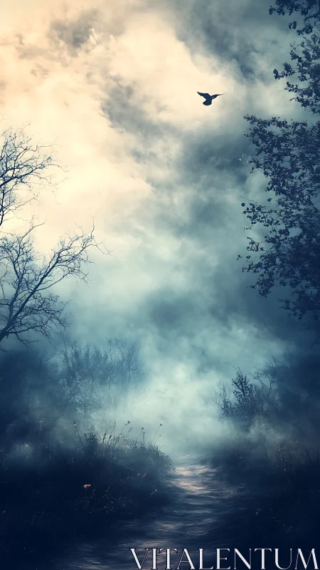 Misty forest path winds beneath a solitary bird in flight