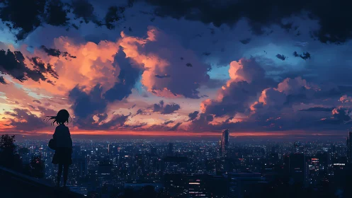 Silhouetted figure observing illuminated city at dusk.