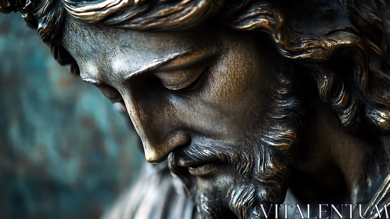 Close-up bronze sculpture of sorrowful bearded figure.