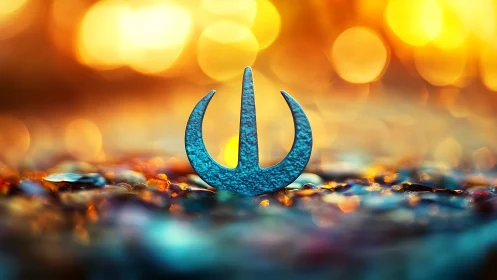 Metallic trident emblem stands against defocused bokeh blaze