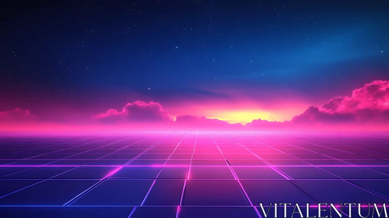 Radiant neon horizon glows over a retro sci fi gridscape