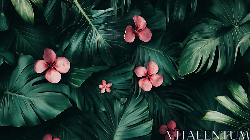Lush tropical leaves cradle soft pink blossoms in shadowed calm.