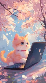 Spring kitten with laptop beneath soft cherry blossoms.