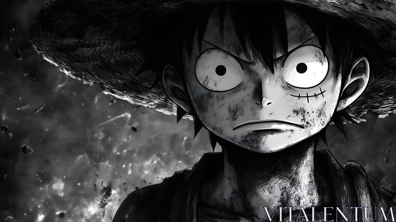 Grim anime boy in straw hat under stormy monochrome sky.