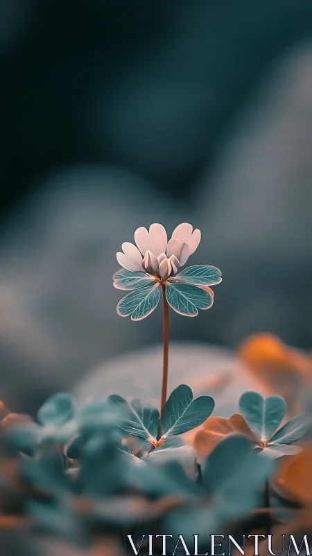 Single clover blossom quietly rises in a dreamy soft garden
