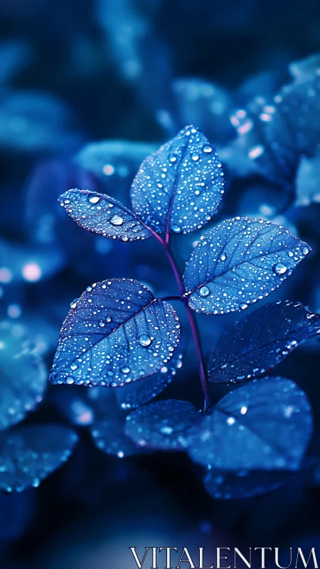 Blue leaves in close-up macro view with water droplets.