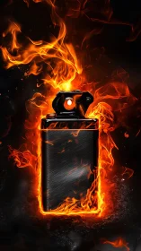 Black lighter engulfed in hyperrealistic orange flame