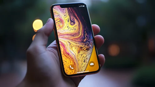 Handheld OLED smartphone with vivid abstract lockscreen swirl