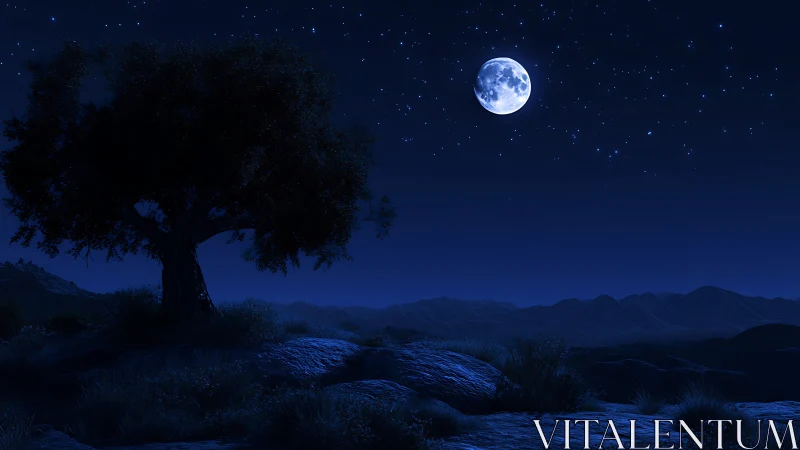 Tranquil Night Landscape With Lone Tree and Bright Full Moon.