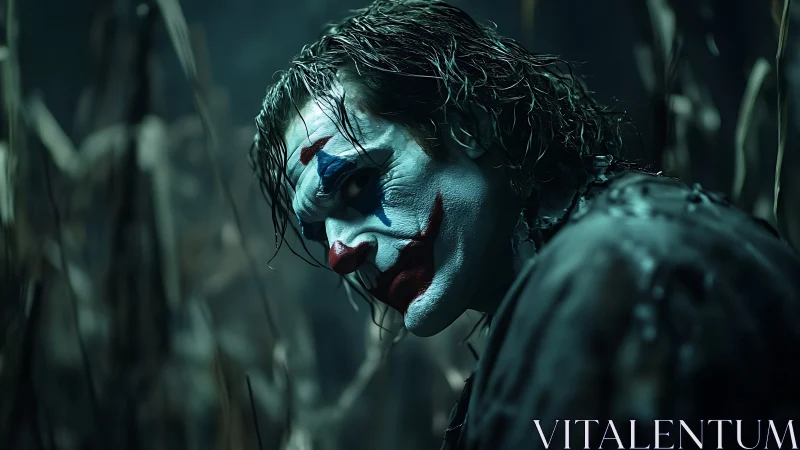 Haunted clown drifter in moonlit cornfield shadows broods.