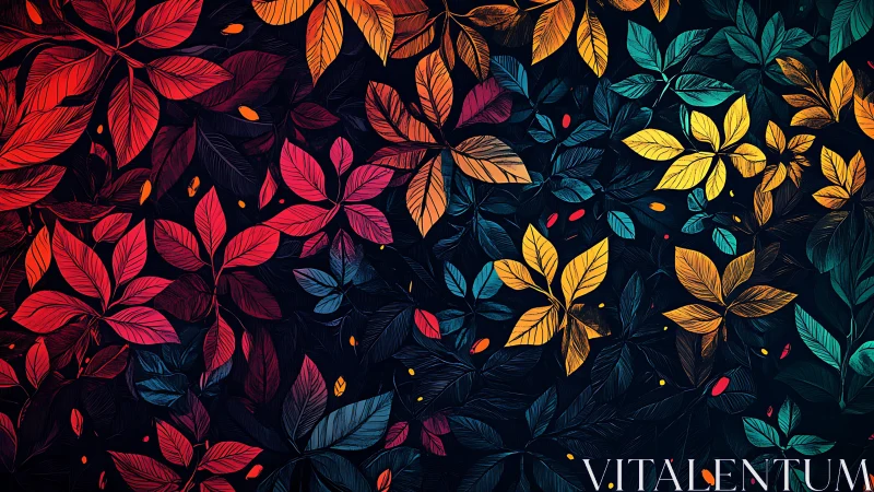 Multicolor gradient foliage pattern on deep navy background