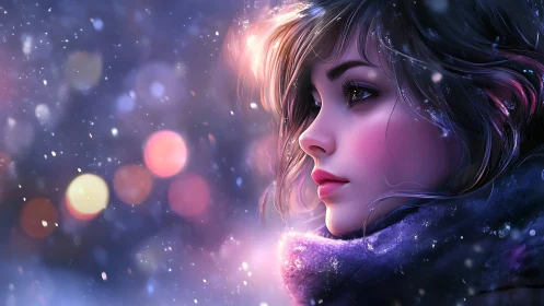 Profile portrait of winter girl amid glowing city bokeh
