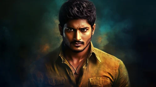 Intense digital portrait of serious man in warm lighting.