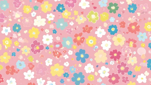 Densely Layered Floral Pattern with Polychromatic Flower Elements on Pink Base