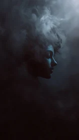 Moonlit silhouette adrift in swirling midnight vapor.