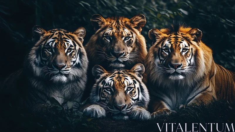 Four Tigers in Dramatic Chiaroscuro Forest Setting with Golden Rim Lighting