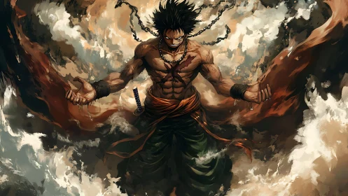 Muscular chained warrior levitates in swirling painted clouds