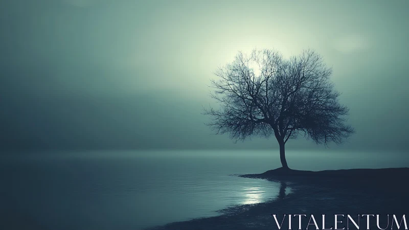 Solitary leafless tree on lakeshore at diffused moonlight.