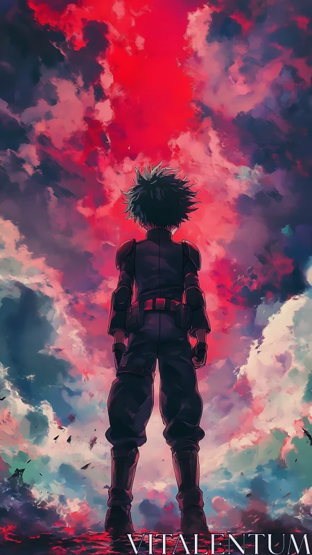 Anime hero silhouette under vivid red storm sky.