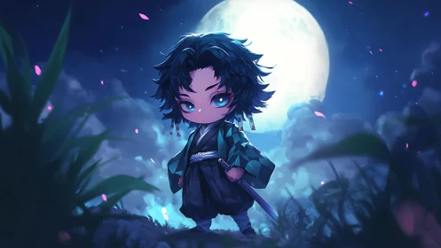 Chibi sword wielder in nighttime landscape under full moon.