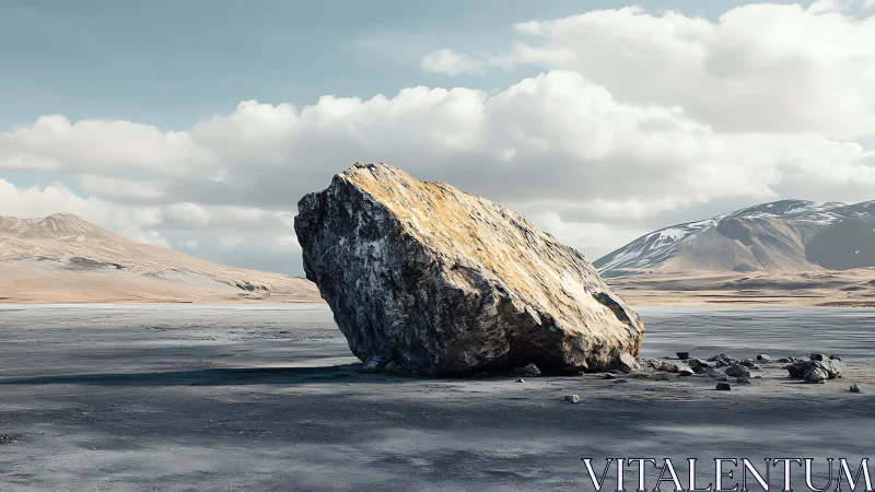 Large isolated boulder rests on barren, flat desert plain