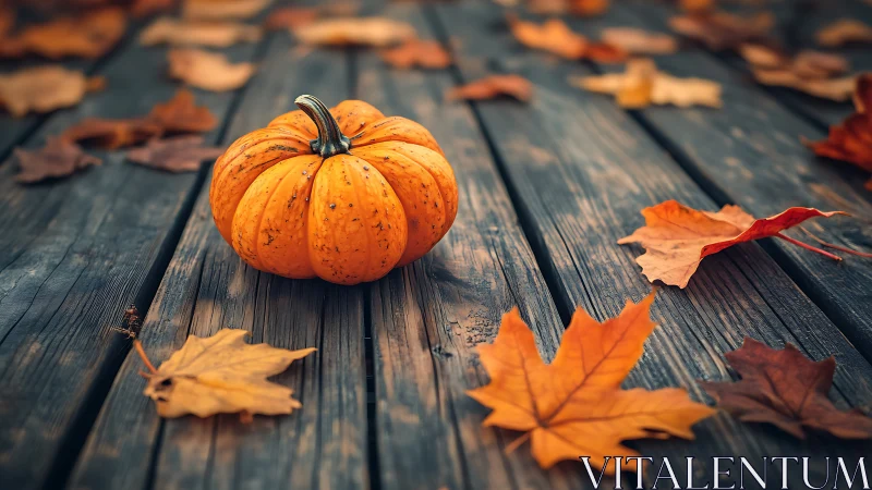 Small orange pumpkin on wooden boards with scattered leaves.
