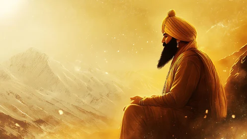 Digital painting of turbaned sage in golden alpine atmosphere.